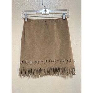 RNKIDS Tan Suede‎ Faux Leather Mini Skirt with Fringe Cutout Detail Size 12